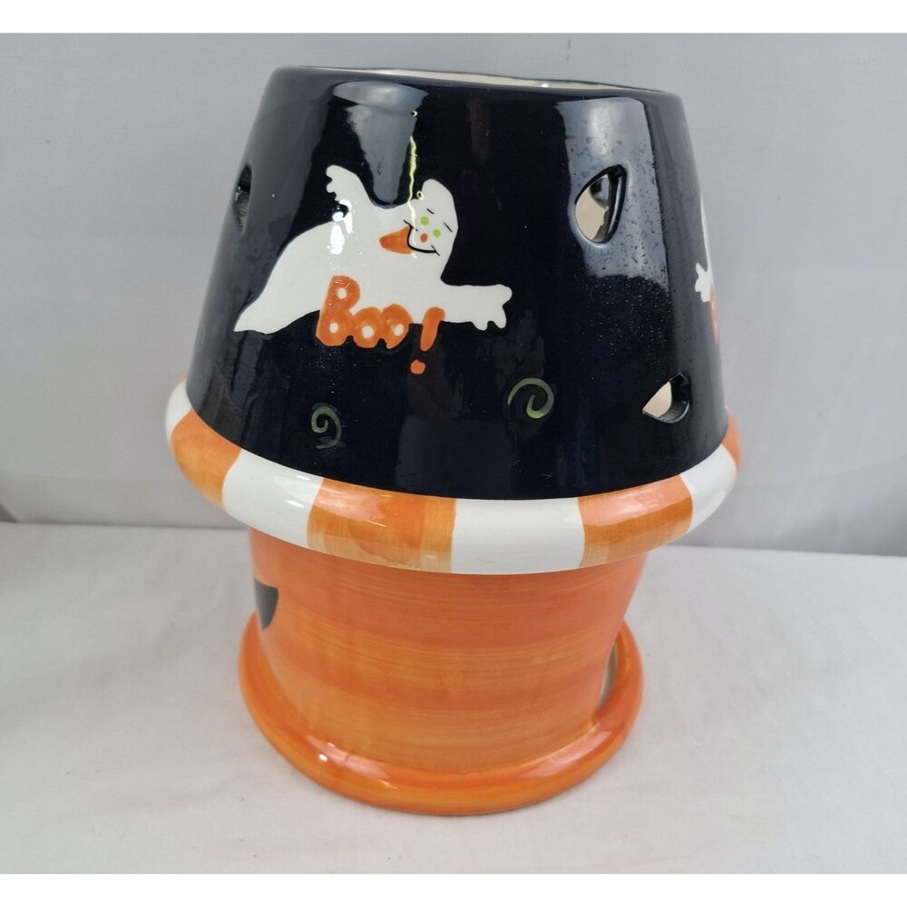 Ceramic Jack O Lantern Pumpkin Candle Holder With Shade Decor Halloween Luminary - Picture 7 of 11